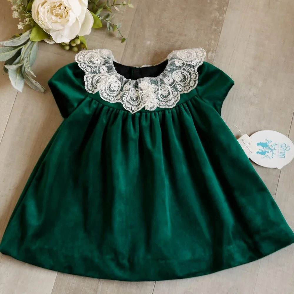 Green Velvet Dress Vintage Lace Collar Boutique 9 Months NWT